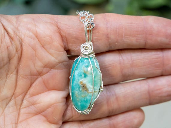 Hand Wire-Wrapped Smithsonite/Caribbean Calcite with Sterling Necklace