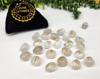 Clear Quartz Gemstone Rune Sets with Velvet Pouch