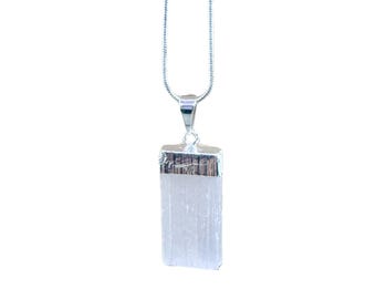 Selenite Crystal Pendant Necklace – Raw Satin Spar Necklace with 18" Silver Plated Snake Chain – Crown Chakra Jewelry for Clarity & Peace