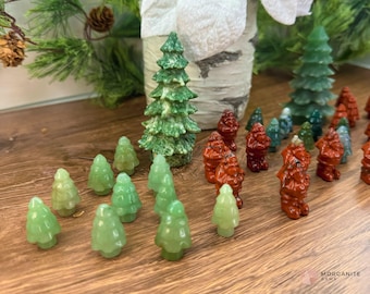 Mini Christmas Crystal Carvings Red Jasper Santa Claus, Green Aventurine Tree, Moss Agate
