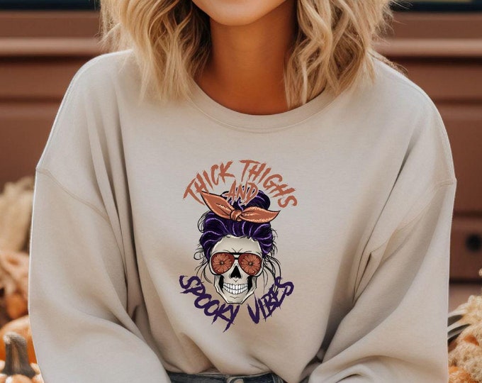 Thick thighs, spooky vibes unisex crewneck - cute skeleton crewneck - fall vibes - Halloween coffee - spooky season - fall apparel