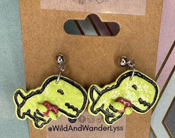 T-Rex Dino Love Dangle Earrings | Handmade Polymer Clay