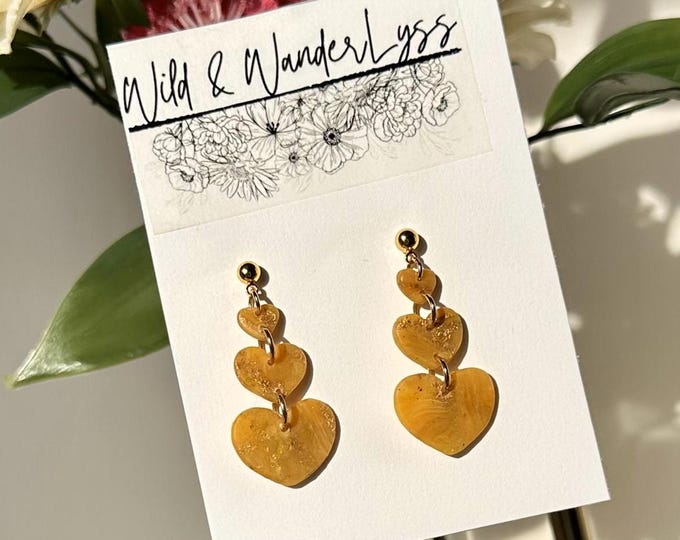 Golden Heart Dangle Earrings | Handmade Polymer Clay