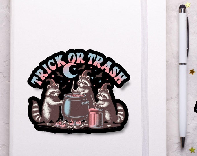 Trick or Trash Raccoon Sticker – Halloween Raccoon Trio Stirring Up Mischief – Funny Raccoon Sticker - Weirdcore -  Deco Stickers