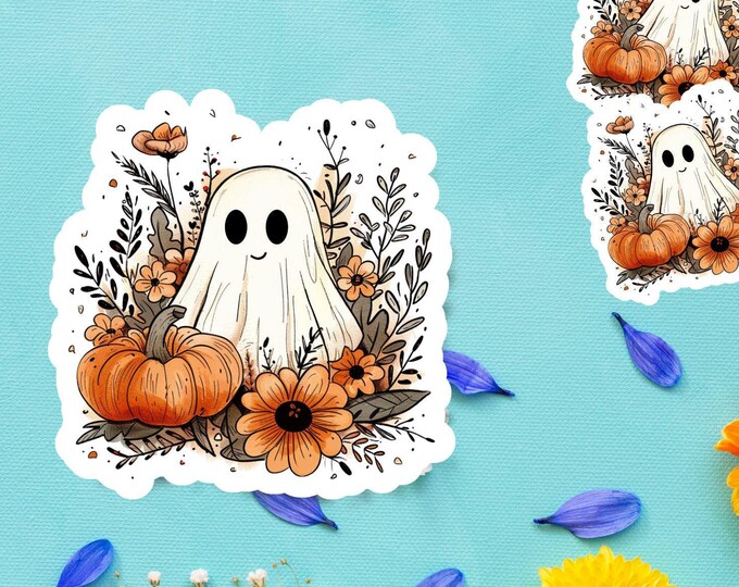 Cute Ghost and Pumpkin Sticker - Spooky Cute Halloween Decal - Spooky Season - Cozy Fall Vibes - Halloween Aesthetic - Laptop Sticker - 002