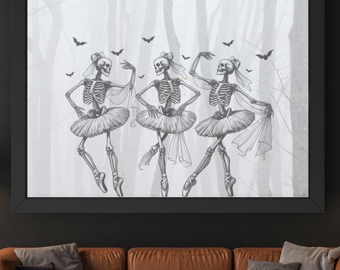 Spooky Halloween Coquette Dancing Skeleton Ballerina Digital Art - Gothic Skeleton Balletcore Decor - Vintage Style Halloween Wall Art