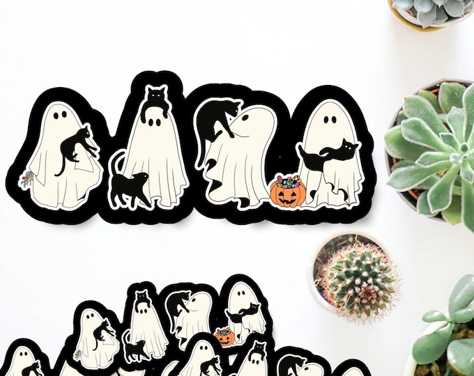 Cute Halloween Ghost Cat Mom Sticker - Ghost Cats Fall Decal - Spooky Season - Cozy Halloween Vibes - Black Cats Halloween - Laptop Sticker
