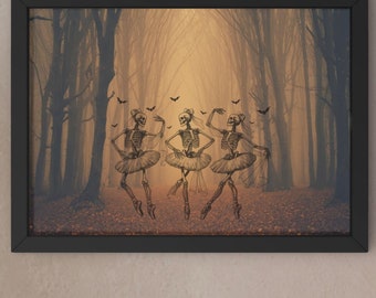 Spooky Halloween Coquette Dancing Skeleton Ballerina Digital Art - Gothic Skeleton Balletcore Decor - Vintage Style Halloween Wall Art