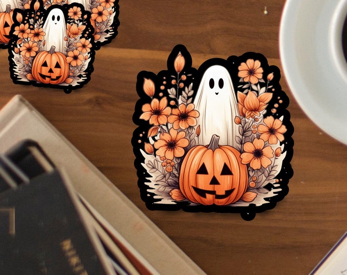 Cute Ghost and Pumpkin Sticker - Spooky Cute Halloween Decal - Fall Vibes - Cozy Spooky Season - Halloween Sticker - Laptop Sticker - 001