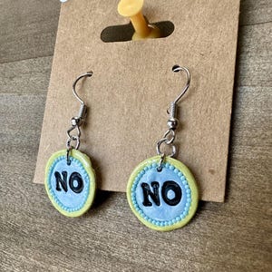 Handmade &#39;NO&#39; Polymer Clay Earrings: Edgy Statement Jewelry