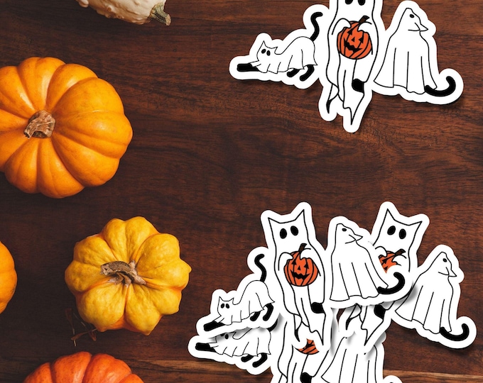 Ghost Cat Halloween Sticker - Spooky Ghost Cats with Pumpkin - Fall Stickers - Halloween Sticker - Cat Lover Decal - Cute Ghost Cats 001