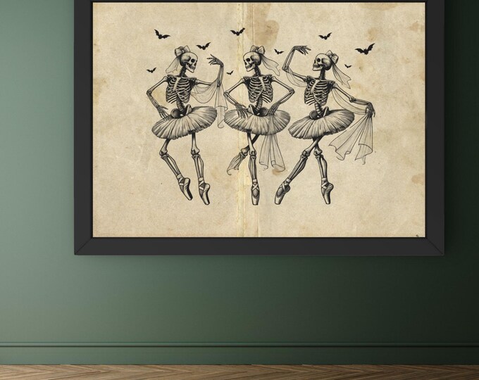 Spooky Halloween Coquette Dancing Skeleton Ballerina Digital Art - Gothic Skeleton Balletcore Decor - Vintage Style Halloween Wall Art