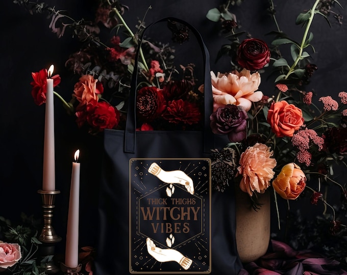 Thick Thighs, Witchy Vibes - Cozy Boho Tote Bag - Aesthetic Tarot - Tarot Crystal Tote - Witchy Tarot Aesthetic - Spooky Tarot Tote Bag