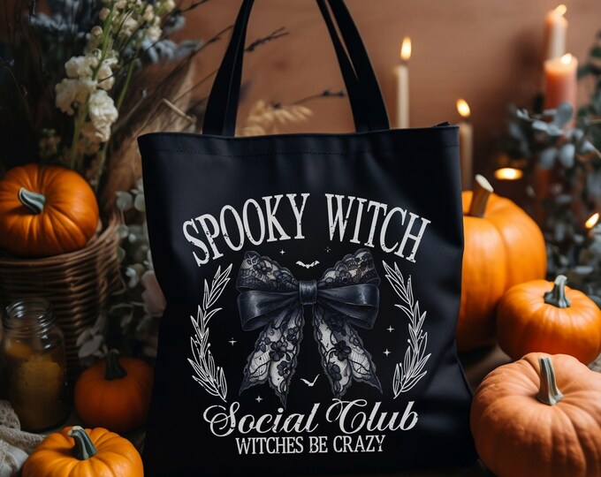 Spooky Witch Social Club Coquette Tote Bag - Witches Be Crazy - Witchy Aesthetic - Halloween Bag - Spooky Vibes - Spooky Aesthetic - 001