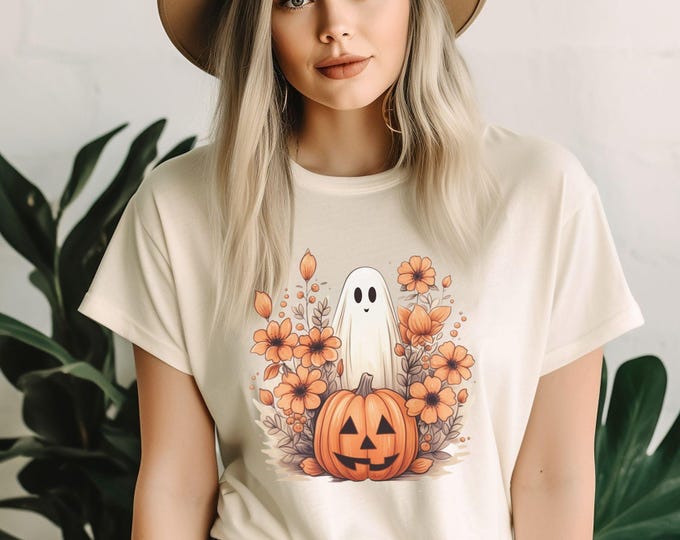 Cute Ghost and Pumpkin T-Shirt - Spooky Cute Halloween Tee - Fall Vibes - Cozy Spooky Season - Halloween T-Shirt - Spooky Cute - 001