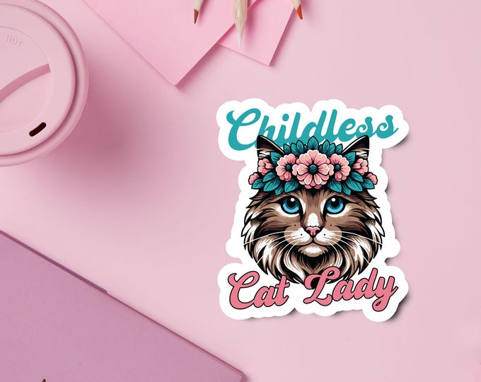 Childless Cat Lady Sticker - Floral Crown Cat Design - Ragdoll Cat - Perfect for Cat Lovers, Laptops, Water Bottles - Boho Cat Mom