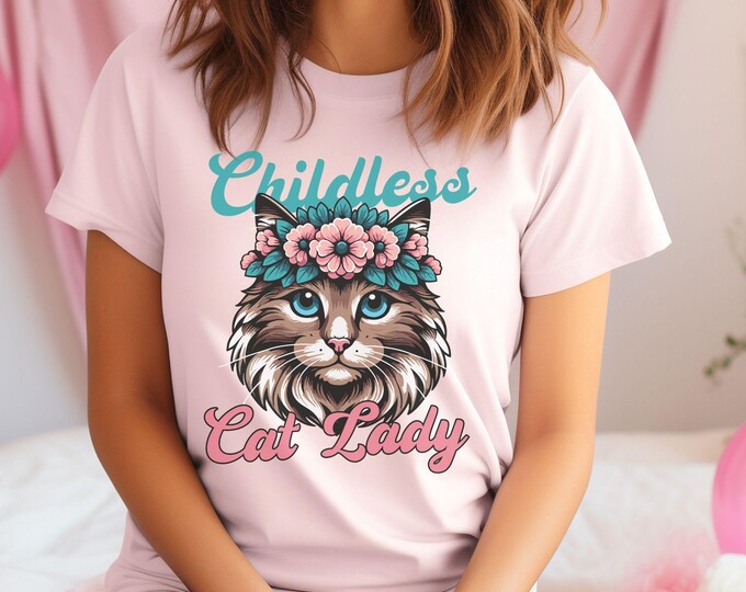 Ragdoll Flower Crown Childless Cat Lady T-Shirt - Bold Feminist Tee - Ragdoll Cat Design with Floral Elements - Shirts That Go Hard