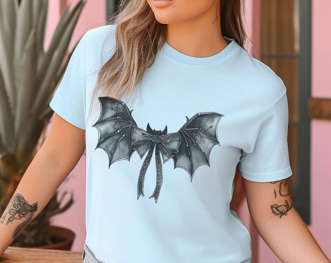 Gothic Coquette Bat T-Shirt - Elegant Spooky Season Tee - Fall T-Shirt - Halloween Aesthetic - Cozy Gothic T-Shirt - Spooky Season
