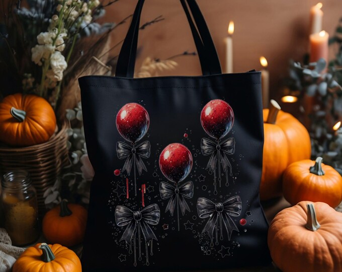 Gothic Horror Coquette Tote Bag - Gothic Aesthetic - Spooky Red Balloons and Bows - Spooky Halloween - Spooky Season - Horror Vibes - 001
