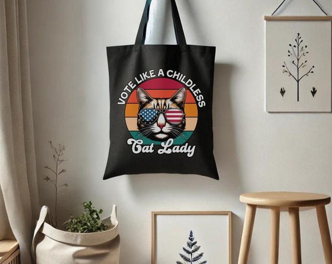 Vote Like A Childless Cat Lady Tote Bag - Bold Feminist Bag - Fierce Cat Design with Aviator Sunglasses - Project Bag - Farmer's Market Bag
