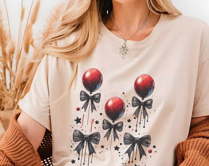 Gothic Horror Coquette T-Shirt - Gothic Aesthetic - Spooky Red Balloons and Bows - Spooky Halloween Tee - Spooky Season - Horror Vibes