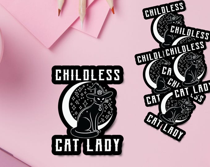 Childless Cat Lady Sticker – Witchy Cat Design with Moon and Stars – Perfect for Spooky Season, Laptops, Water Bottles, or Halloween Gifts