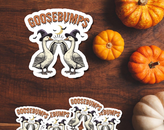 Goosebumps Sticker – Halloween Geese with Witch Hats and Moon – Halloween Stickers - Goose Bumps - Silly Goose Sticker
