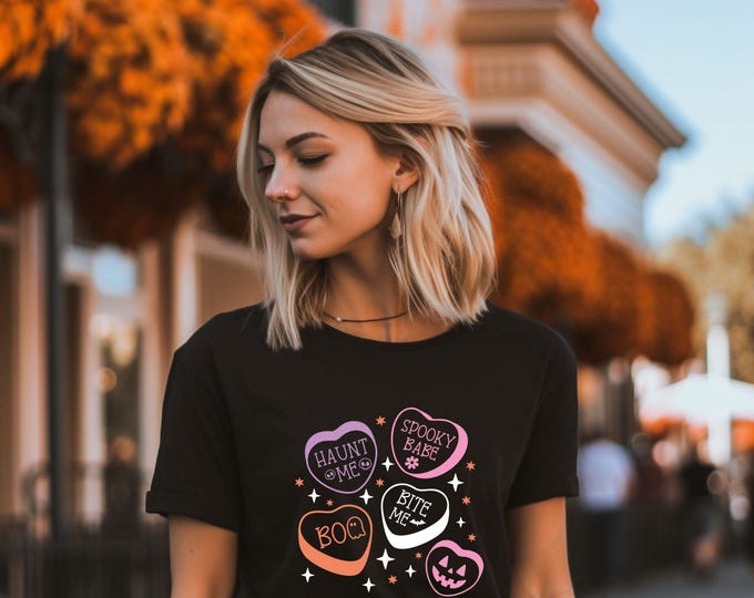 Haunt Me, Spooky Babe, Bite Me - Cute Halloween Candy Hearts Tee - Fall T-Shirt - Spooky Season Shirt - Fall Vibes - Spooky Aesthetic