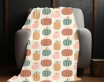 Colorful Boho Fall Pumpkin Patch Blanket - Cozy Fall Throw with Orange, Green, and Pink Pumpkins - Boho Throw Blanket - Throw Blanket Couch
