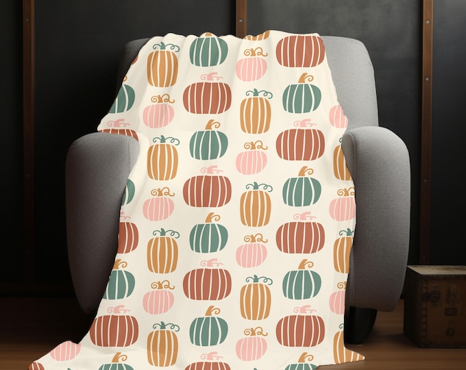 Colorful Boho Fall Pumpkin Patch Blanket - Cozy Fall Throw with Orange, Green, and Pink Pumpkins - Boho Throw Blanket - Throw Blanket Couch