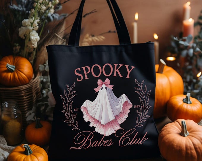 Spooky Babes Club Coquette Tote Bag - Pretty Ghost Bag - Fall Tote Bag - Spooky Season - Pink Aesthetic - Cutesy Ghost - Spooky Cute - 001