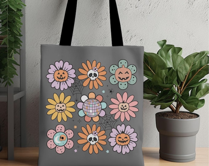 Pastel Halloween Groovy Flowers Tote Bag - Cute Floral Bag - Spooky Season - Fall Vibes - Groovy Halloween Aesthetic - Reusable Bag - 002