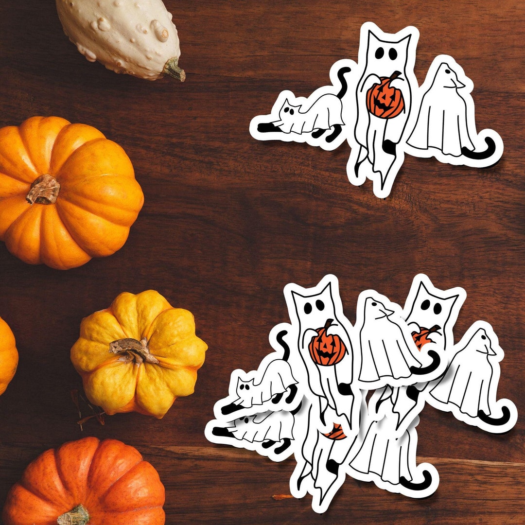 Ghost Cat Halloween Sticker - Spooky Ghost Cats With Pumpkin - Fall ...