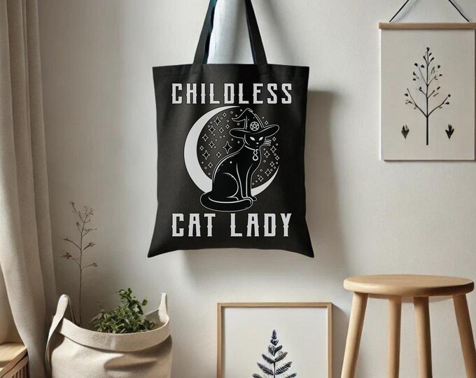 Celestial Childless Cat Lady Tote Bag - Bold Feminist Bag - Celestial Cat with Floral Elements - Project Bag - Farmer's Market Bag