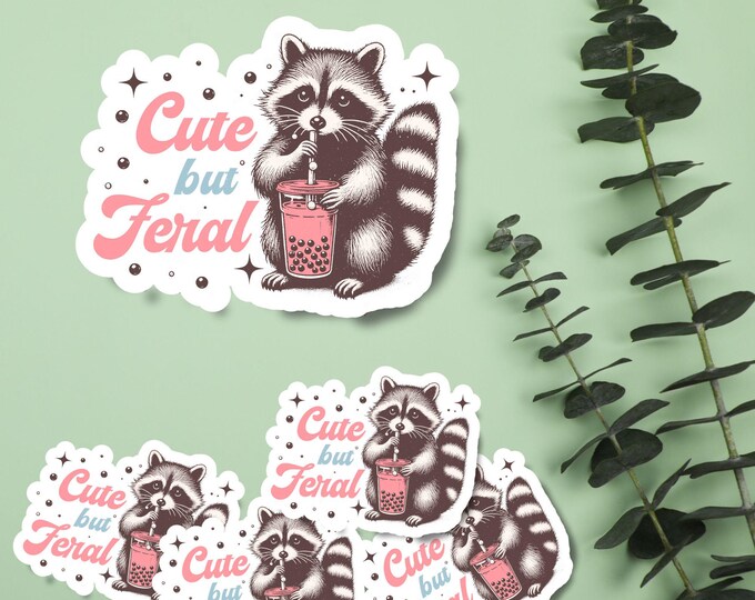 Cute but Feral Raccoon Sticker – Adorable Raccoon with Boba Design – Funny Raccoon Sticker - Weirdcore -  Deco Stickers