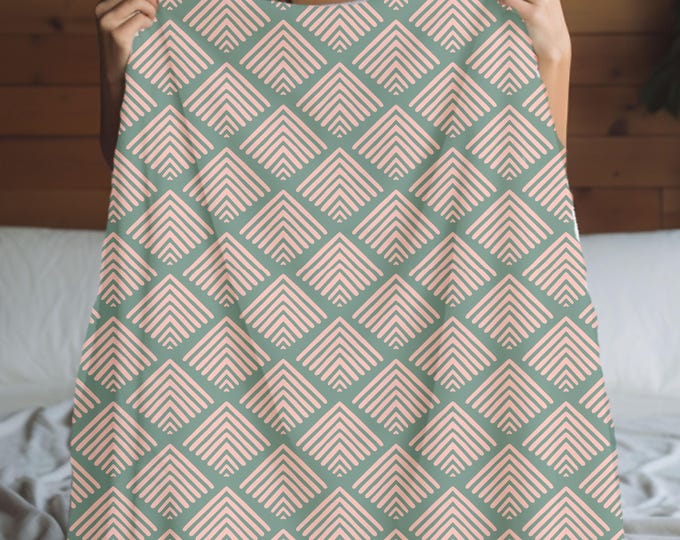 Modern Geometric Chevron Blanket - Minimalist Pink and Green Throw - Cozy Boho Throw Blanket - Boho Blanket