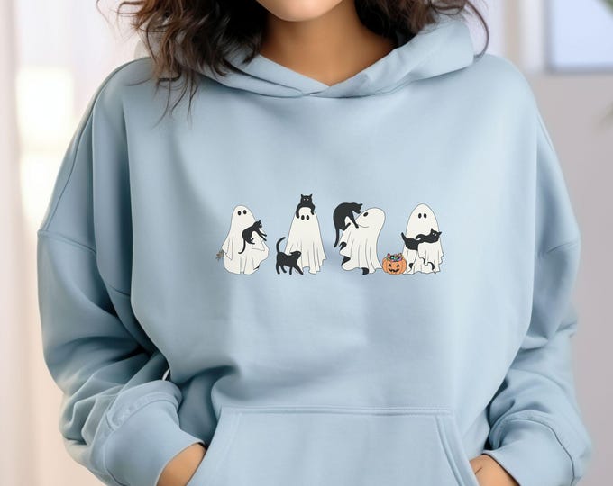 Cute Halloween Ghost Cat Mom Hoodie - Ghost Cats Fall Hoodie - Spooky Season - Cozy Halloween Vibes - Black Cat Halloween - Spooky Aesthetic