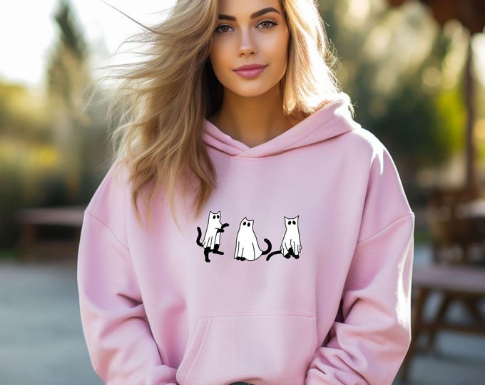 Ghost Cat Halloween Hoodie - Spooky Ghost Cats with Pumpkin - Fall Hoodie - Halloween Hoodie - Cat Lover Hoodie - Cute Ghost Cats 003