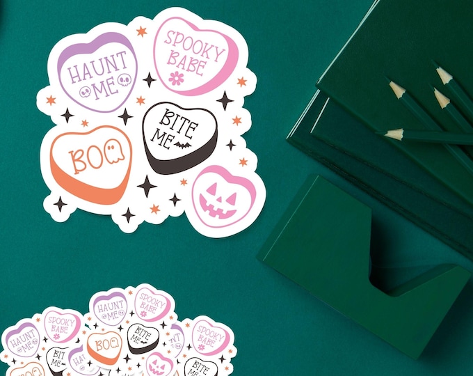 Haunt Me, Spooky Babe, Bite Me - Cute Halloween Candy Hearts Sticker - Fall Sticker - Spooky Season Sticker - Fall Vibes - Spooky Aesthetic