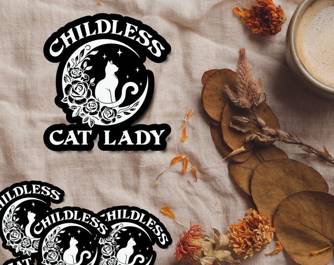 Childless Cat Lady Sticker – Elegant Moon and Cat Design with Roses – Perfect for Laptops, Water Bottles, or Gifts for Cat Lovers