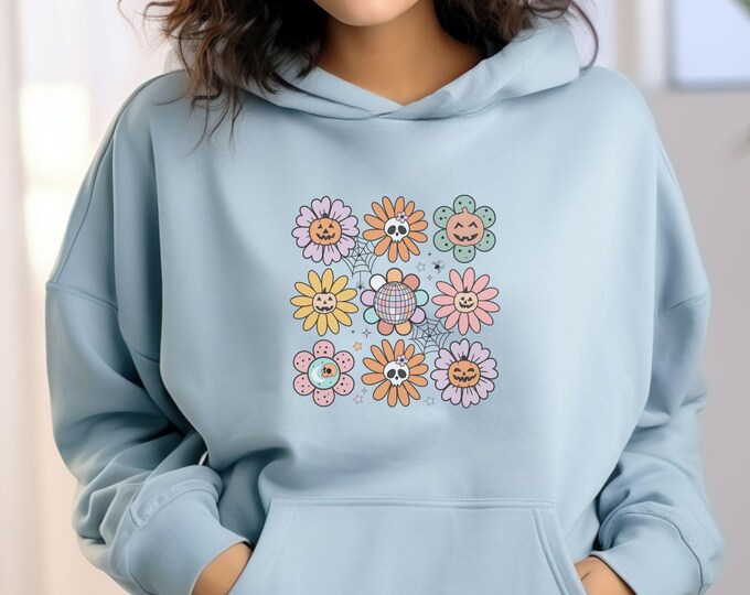 Pastel Halloween Groovy Flowers Hoodie - Cute Floral Hoodie - Spooky Season - Fall Vibes - Groovy Halloween Aesthetic - Retro Fall Hoodie