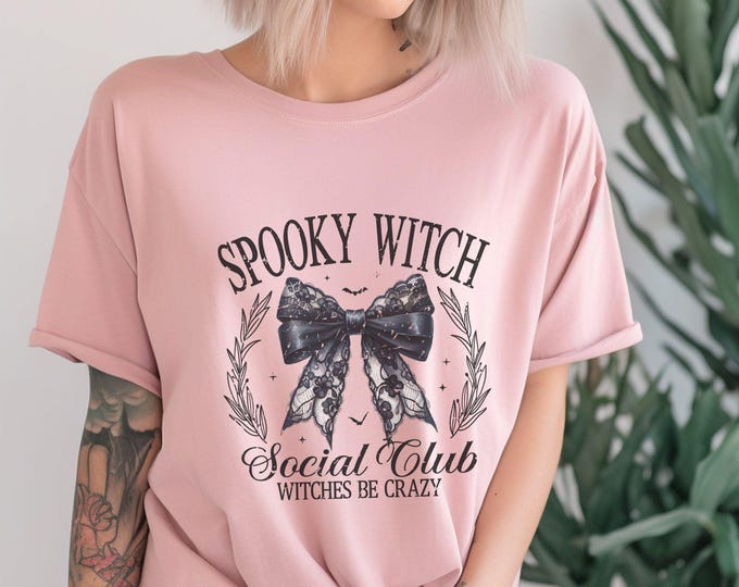 Spooky Witch Social Club Coquette T-Shirt - Witches Be Crazy - Witchy Aesthetic - Halloween Tee - Spooky Vibes - Spooky Cute Aesthetic