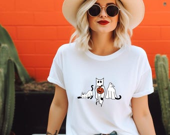 Ghost Cat Halloween T-Shirt - Spooky Ghost Cats with Pumpkin - Fall Fashion Tee - Cat Lover Tee - Cute Ghost Cats 001