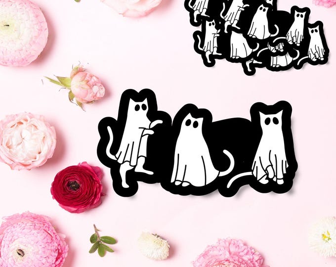 Ghost Cat Halloween Sticker - Spooky Ghost Cats with Pumpkin - Fall Stickers - Halloween Sticker - Cat Lover Decal - Cute Ghost Cats 002