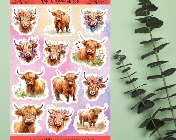 Watercolor Highland Cow Sticker Sheet (5 x 7)