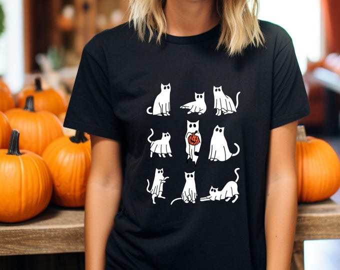 Ghost Cat Halloween T-Shirt - Spooky Ghost Cats with Pumpkin - Fall Fashion Tee - Cat Lover Tee - Cute Ghost Cats 003