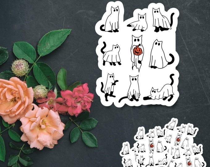 Ghost Cat Halloween Sticker - Spooky Ghost Cats with Pumpkin - Fall Stickers - Halloween Sticker - Cat Lover Decal - Cute Ghost Cats 003
