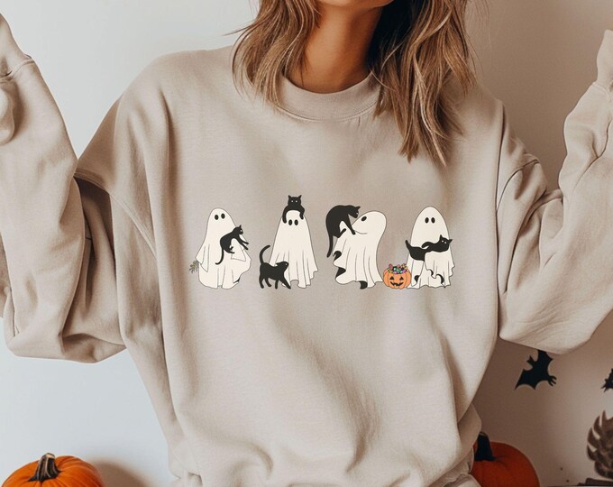 Cute Halloween Ghost Cat Mom Crewneck - Ghost Cats Fall Crew - Spooky Season - Cozy Halloween Vibes - Black Cat Halloween - Spooky Aesthetic