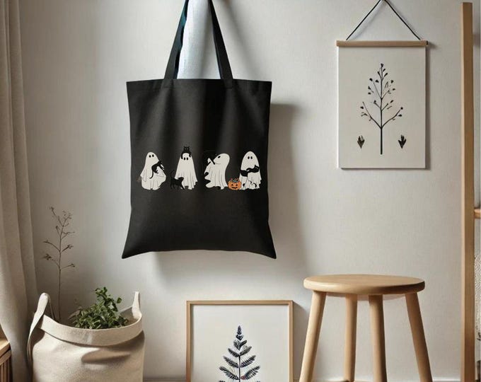 Cute Halloween Ghost Cat Mom Tote Bag - Ghost Cats Bag - Spooky Season - Cozy Halloween Vibes - Black Cats Halloween - Reusable Tote - 001