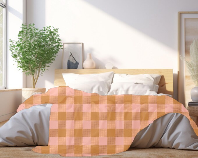 Warm Pink & Orange Buffalo Plaid Blanket - Cozy Fall Throw - Rustic Cottagecore Blanket - Fall Throw Blanket - Girly Halloween
